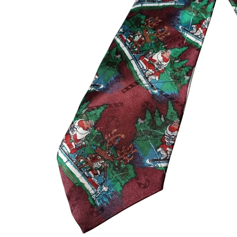 Sabatini Hallmark Mens Christmas Tie Santa Reindeer Fishing Burgundy Polyester